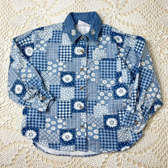 Vintage 1990s Gitano Girls 6 Years Blue Daisy Patchwork Button Down Shirt - Picture 1 of 3